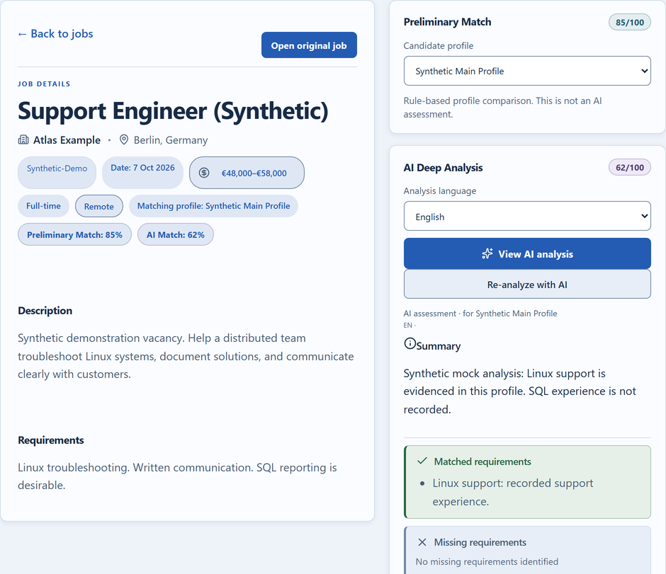 Real JobFinderAI job details: a synthetic Berlin support role, preliminary profile comparison, and separate mock AI analysis.
